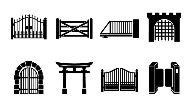 gate , black vector icon set collection , white background , SVG and PNG