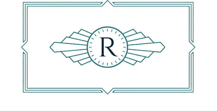 Art Deco style rectangular frame with a central geometric medallion, featuring the letter 'R'.