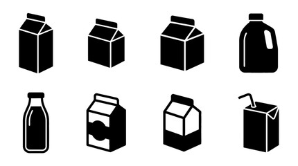 milk carton , black vector icon set collection , white background , SVG and PNG