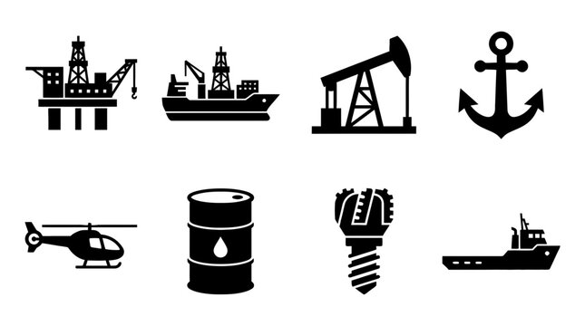 oil rig , black vector icon set collection , white background , SVG and PNG