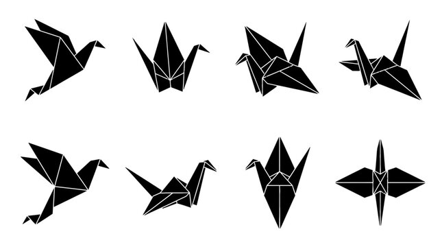 origami crane , black vector icon set collection , white background , SVG and PNG