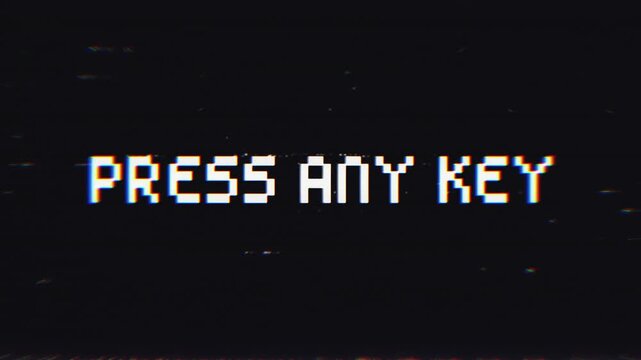 Press Any Key Glitch Text Animation on Black Background. Ideal for retro tech themes, gaming intros, or nostalgic computer screen visuals.