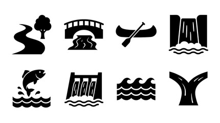 Obraz premium river , black vector icon set collection , white background , SVG and PNG
