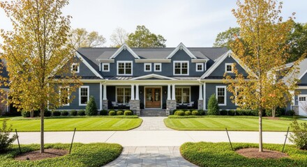 A large, two-story house with a gray roof and white trim, surrounded by a well-maintained lawn with neatly trimmed grass and trees in the front yard.