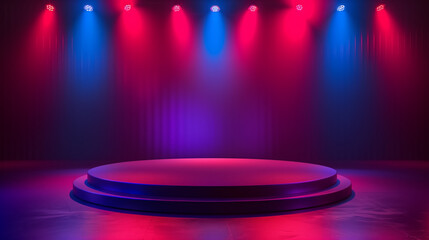 Vibrant concert stage with red and blue spotlights shining over a circular podium. Dramatic beams and LED light panels create a dynamic entertainment atmosphere
