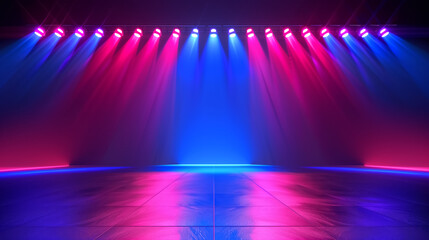 Vibrant concert stage with red and blue spotlights shining over a circular podium. Dramatic beams and LED light panels create a dynamic entertainment atmosphere