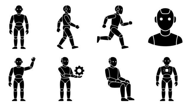 robot humanoid , black vector icon set collection , white background , SVG and PNG
