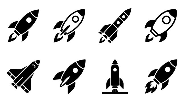 rocket , black vector icon set collection , white background , SVG and PNG