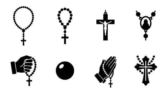rosary beads , black vector icon set collection , white background , SVG and PNG