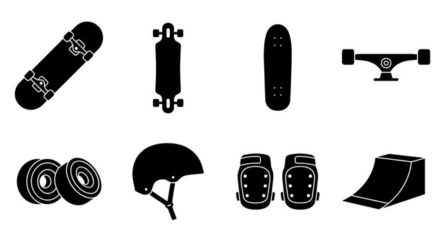 skateboard , black vector icon set collection , white background , SVG and PNG