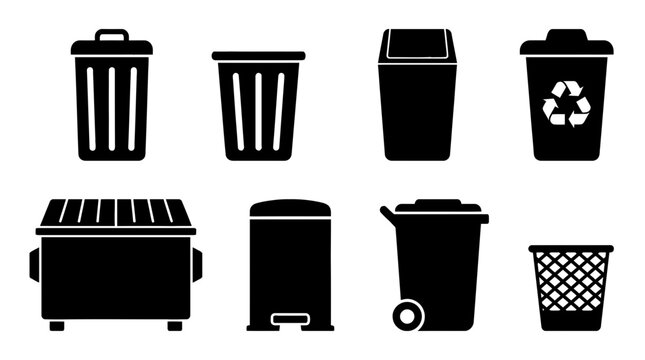 trash bin , black vector icon set collection , white background , SVG and PNG
