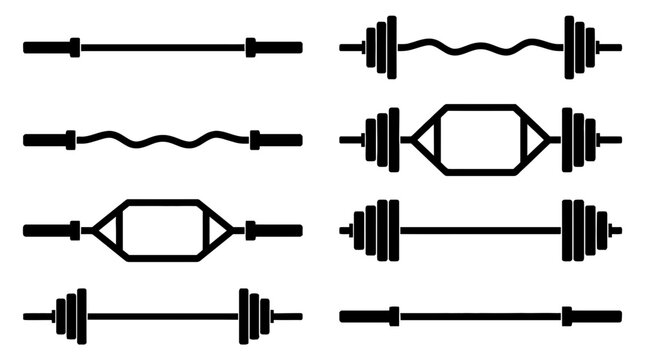 weightlifting barbell , black vector icon set collection , white background , SVG and PNG
