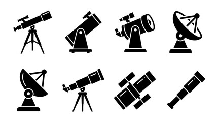 Obraz premium astronomy telescope , black vector icon set collection , white background , SVG and PNG