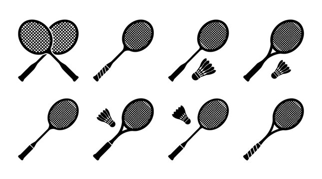badminton racket , black vector icon set collection , white background , SVG and PNG