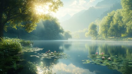 Serene Forest Lake at Sunrise with Sunbeams.