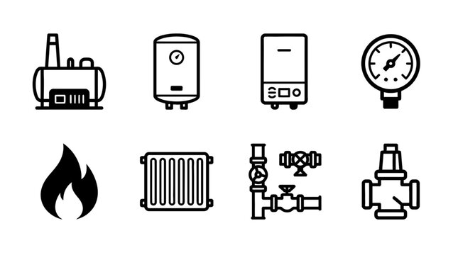 boiler , black vector icon set collection , white background , SVG and PNG