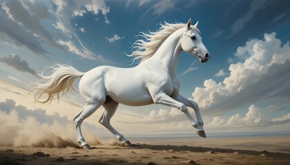 Fototapeta premium “Hyper realistic oil painting of a running white horse, dynamic motion, dramatic sky background, fine art style, detailed fur texture, professional canvas artwork, 8k resolution”