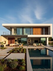 Fototapeta premium Stunning modern home with pool and expansive windows under blue skies