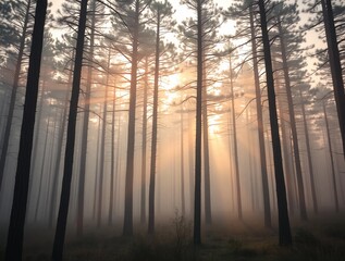 Obraz premium Atmospheric Misty Morning Pine Forest Scenery Natural Environment Landscape