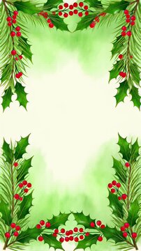 Animated watercolor illustration of fir tree branches with red berries forming a festive Christmas frame, ideal for seasonal greetings and holiday backgrounds.