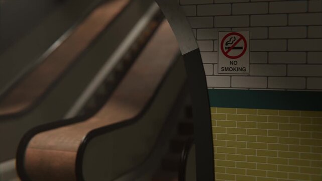 3D animation of a no smoking sign next to escalators in an underground station