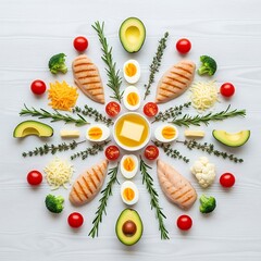 Naklejka premium Symmetrical arrangement of nutritious foods on a wooden background surface