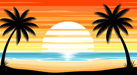Fototapeta premium A serene pixelated beach scene with palm trees and a vibrant sunset.