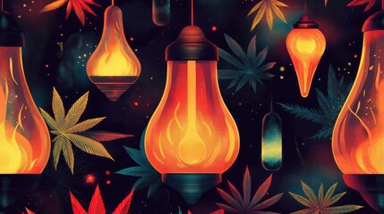 Psychedelic Cannabis Leaf and Light Bulb Pattern.