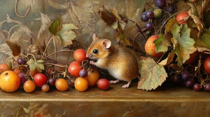 Cute Mouse Eating Berries and Grapes in Autumn Harvest Still Life.