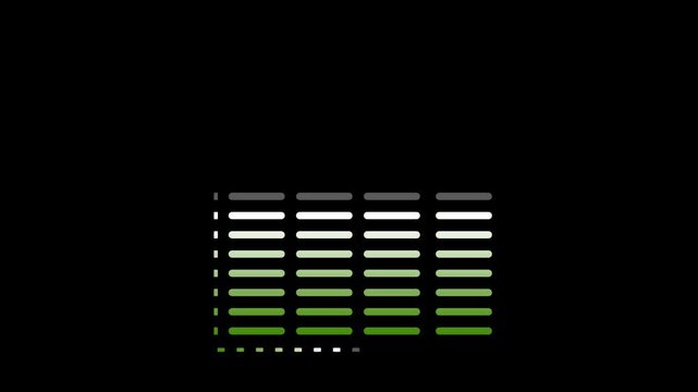 Vertical Audio Equalizer Green Bars, Sound Level Meter Animation on Black Screen, Music Rhythm Visualization, Digital DJ Interface Background Motion Loop