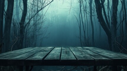 Mysterious Wooden Platform in a Dark, Foggy Forest.