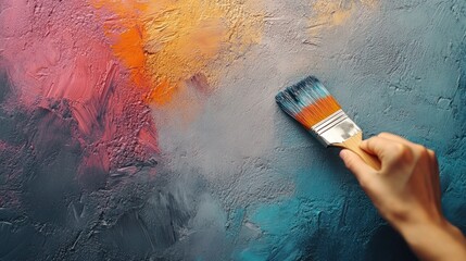 Artist painting abstract colorful texture with brush.