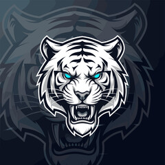 Aggressive white tiger head roaring with glowing blue eyes