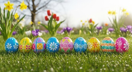 A row of colorful Easter eggs in a grassy field with blooming daffodils and tulips.