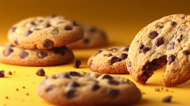Delicious Chocolate Chip Cookies on Yellow Background