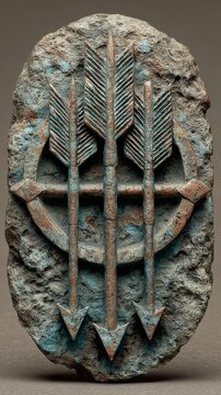 Three ascending bronze arrows flying in parallel in front of a circular medieval holy symbol, detailed metallic texture and symbolic composition conveying spirituality, protection, and sacred heritage