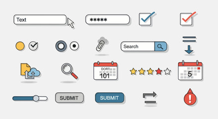 Collection of modern flat design UI elements and icons for web and app interfaces.