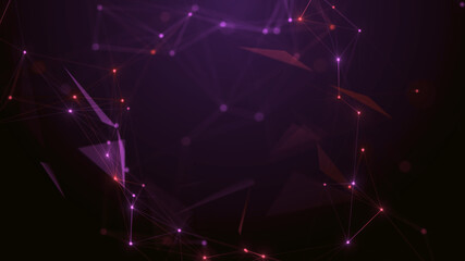 Abstract digital network background with glowing red and purple nodes connected by dynamic lines and geometric shapes, illustrating futuristic technology and data flow.