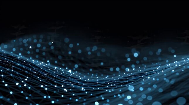 A dark blue image shows a wave of connected lines and dots, creating a network. Some dots appear like bokeh. It has a mysterious and technological feel