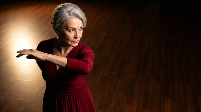 Elegant mature woman with grey hair dancing in a red dress under a dramatic spotlight