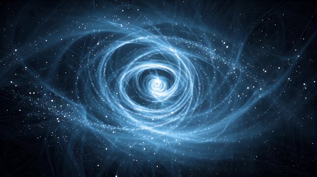A spiraling blue abstract illustration suggesting a cosmic or energy phenomenon with a bright central point and radiating lines