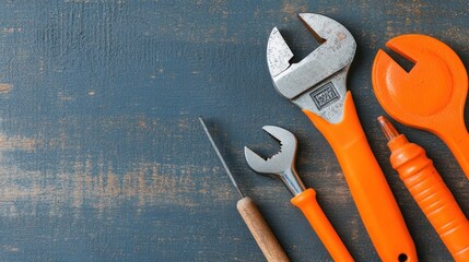 Assortment of Orange and Metal Tools on a Dark Blue Wooden Surface.