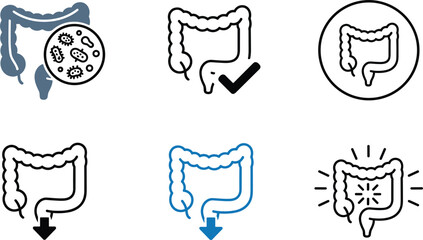 Fototapeta premium Digestive system intestine icon set with bacteria check mark and arrows vector medical outline collection