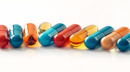 A row of colorful medicinal capsules on a white surface, macro photography, sharp focus