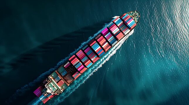 An overhead shot showcases a cargo ship laden with shipping containers navigating the ocean, leaving a foamy wake. The vessel sails amidst calm waters