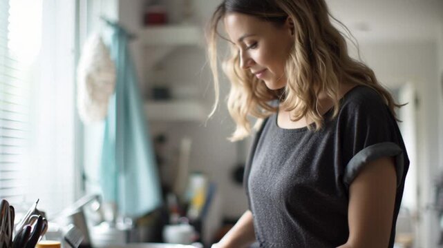 Woman in a kitchen with a thoughtful expression looking down at a table