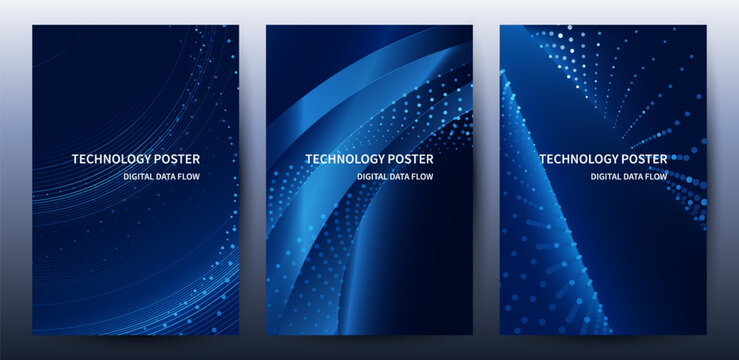 Technology Banner Poster set. Futuristic digital data wave glowing lines. Data science concept tech banner, corporate business presentation or booklet technology