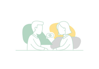 Two people engaged in a conversation with speech bubbles indicating communication and discussion during a meeting or consultation