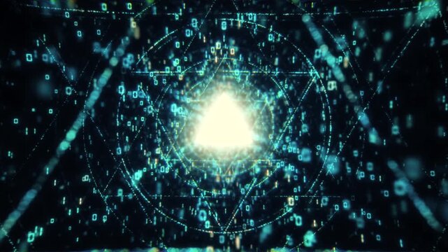 Blue Violet Digital Tunnel with Streaming Binary Code, Futuristic Geometry, Sci‑Fi Cyberspace Flight Through Data Flow, Technology Seamless Loop