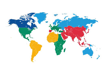 Obraz premium A colorful map of the world highlighting different continents and regions from a top-down viewpoint